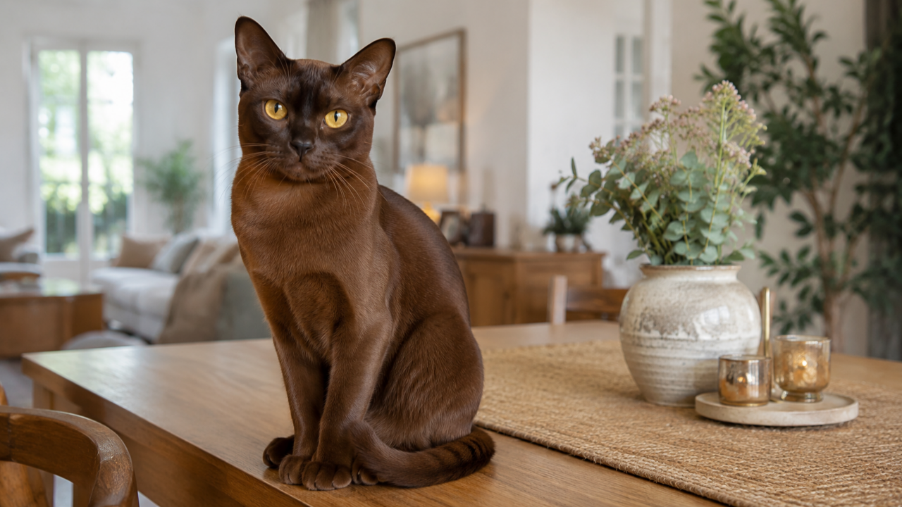 A Burmese cat sitting on a table inside a home, used for an article about retired stud cats, spraying after desexing and helping breeding cats adjust to house life.