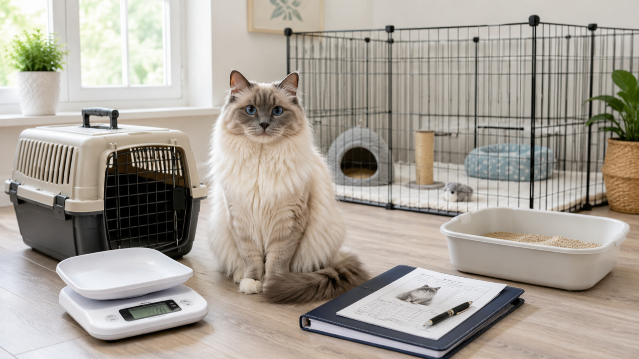 Cat with some of the top five items recomended when you start as a cat breeder