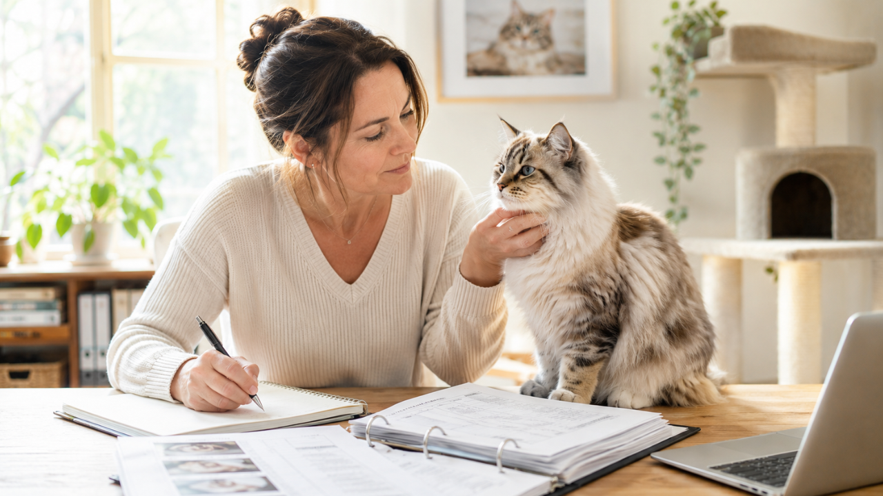 Experienced cat breeder assessing a pedigree cat and reviewing breeding records to choose the best breeding cat for a breeding program.
