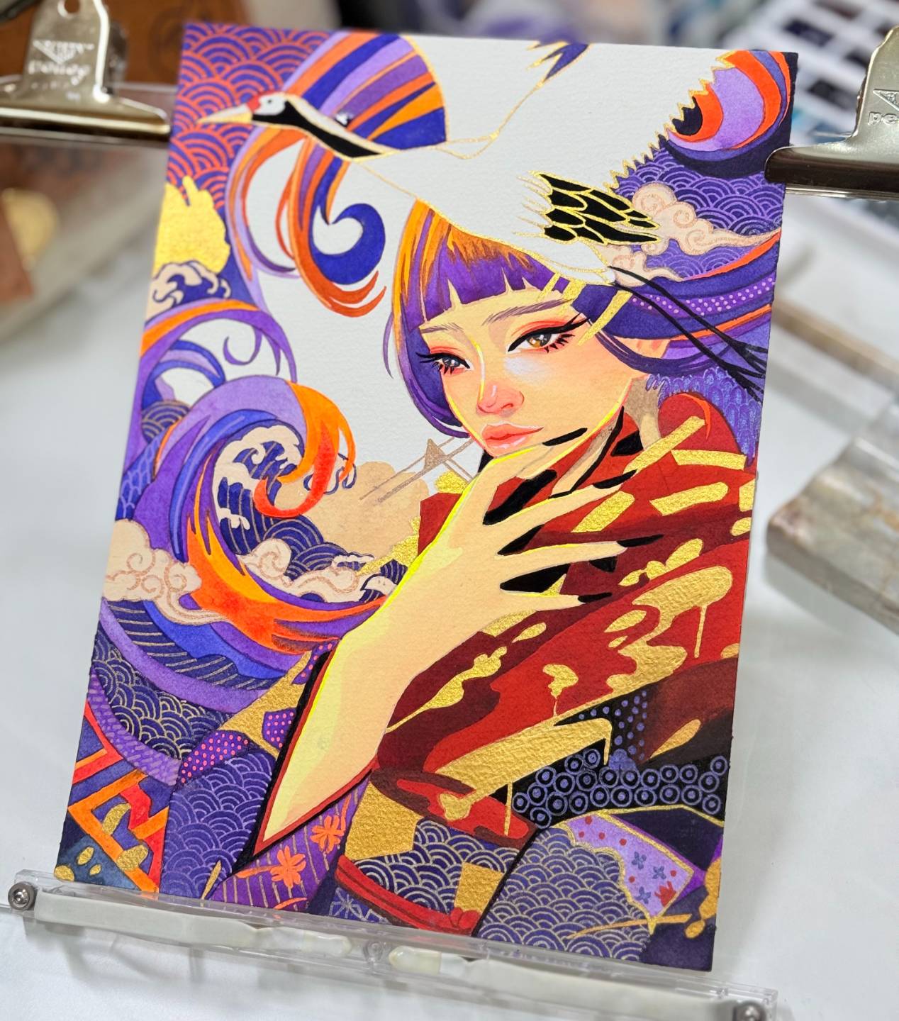 Painting by Drew: woman with flowers, koi fish and gold waves