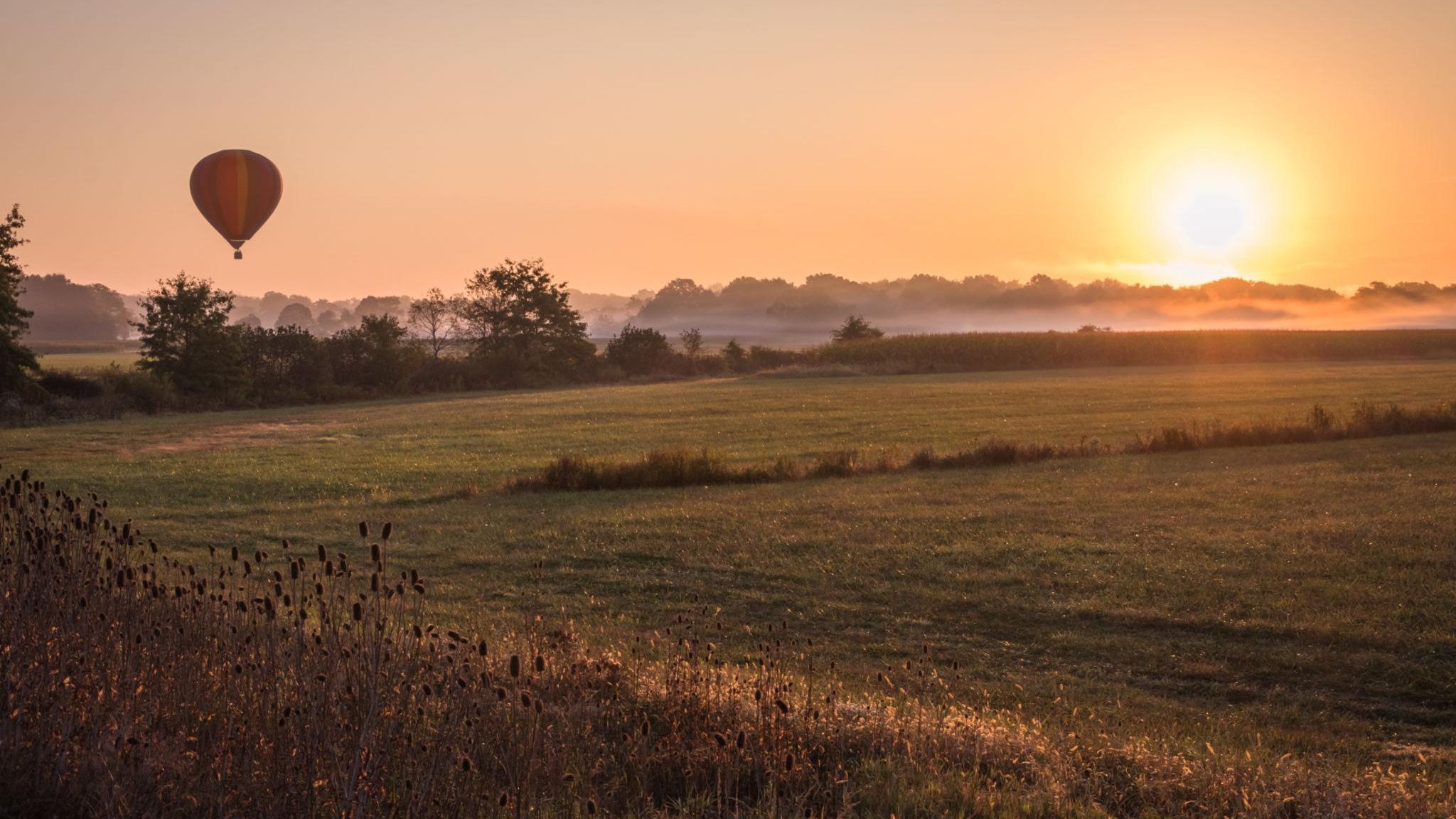 Hot air balloon floating over the countryside at sunrise.