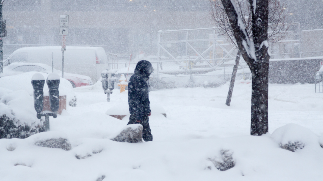 Person walking through a snowstorm with limited visibility.