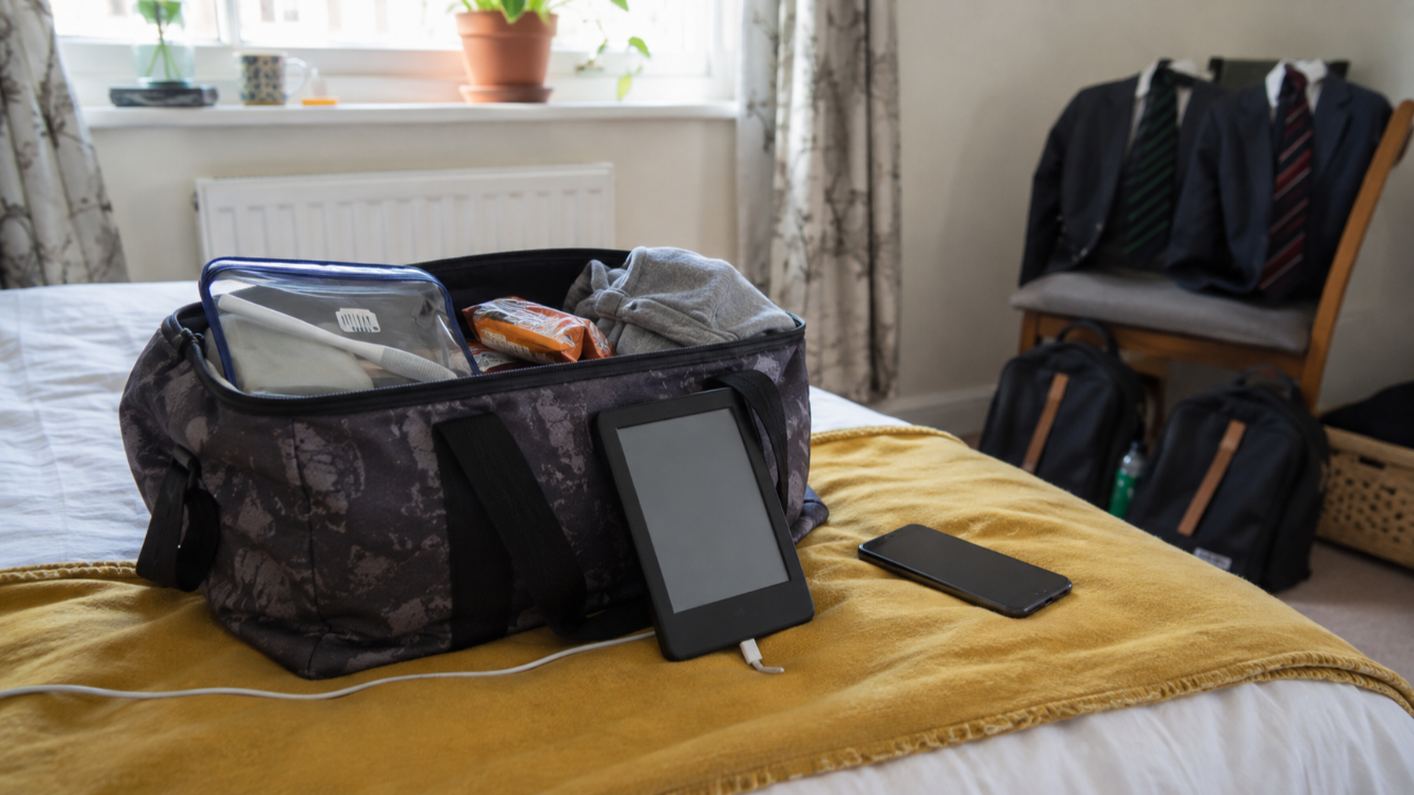 Partly packed hospital bag with a Kindle, phone and snacks, with school uniforms and bags ready in the background.