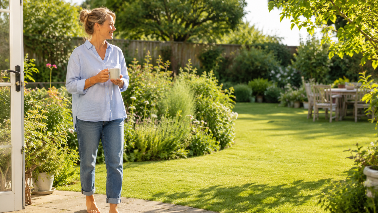 Woman enjoying a peaceful, sunny morning with a cup of tea in her garden.