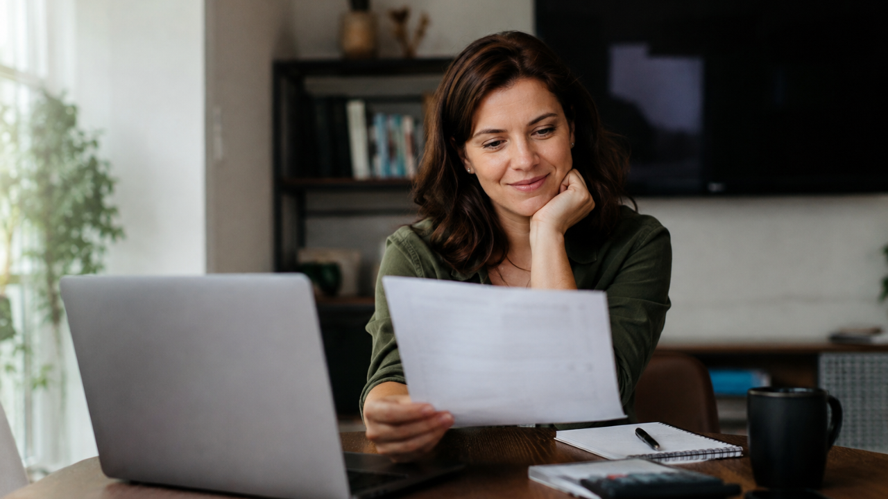 Woman reviewing her finances at home after receiving a pay rise.