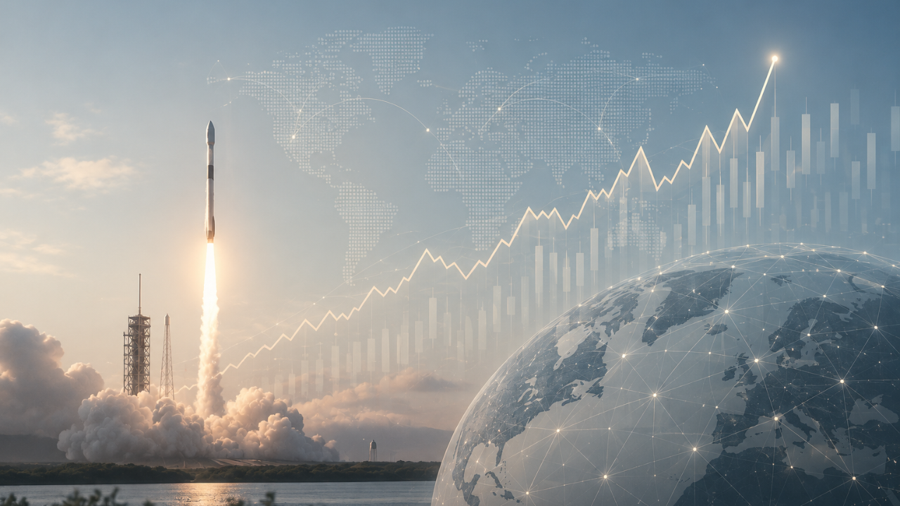 Illustration of a rocket launch alongside stock market charts representing the SpaceX IPO and its impact on investors.
