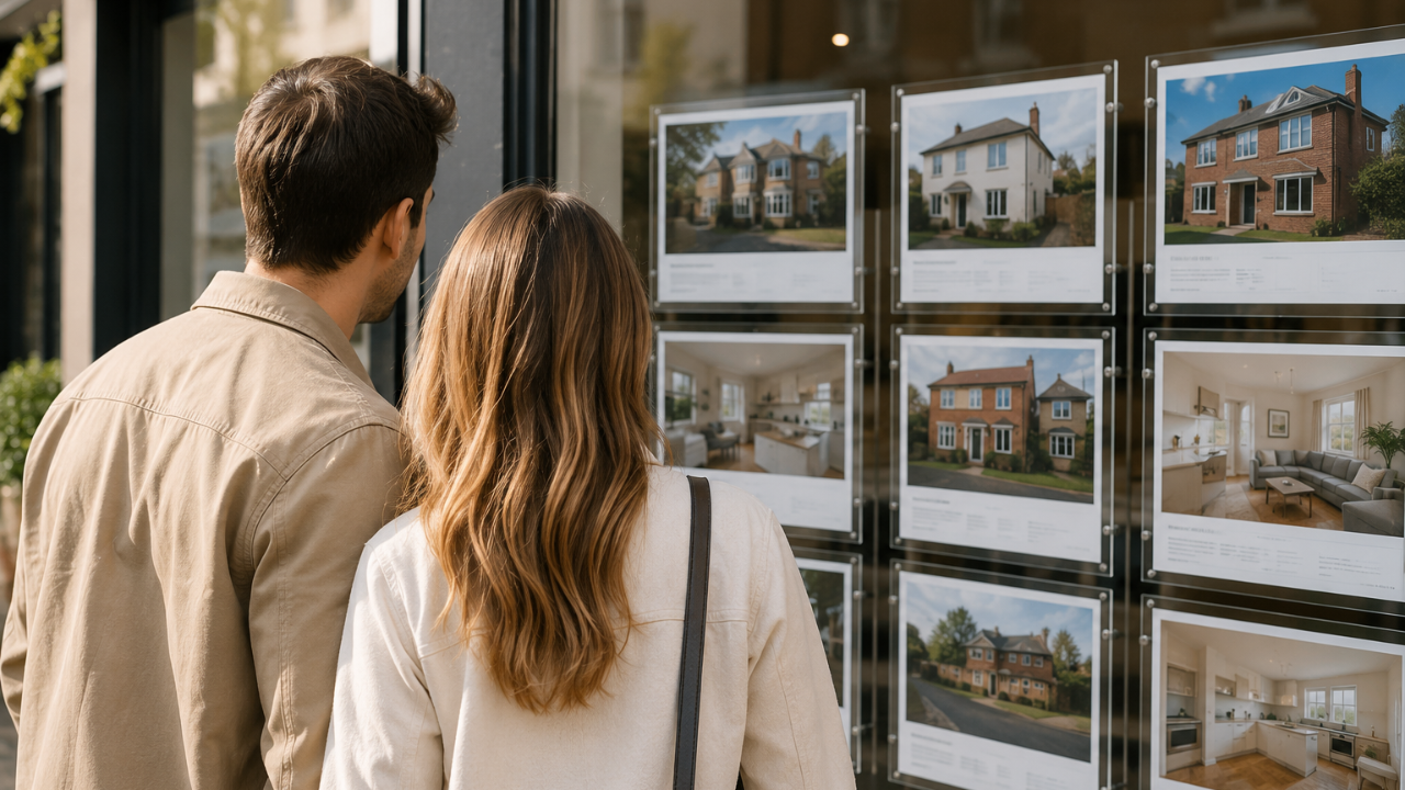 Couple looking at property listings in an estate agent window, considering a home move in the UK