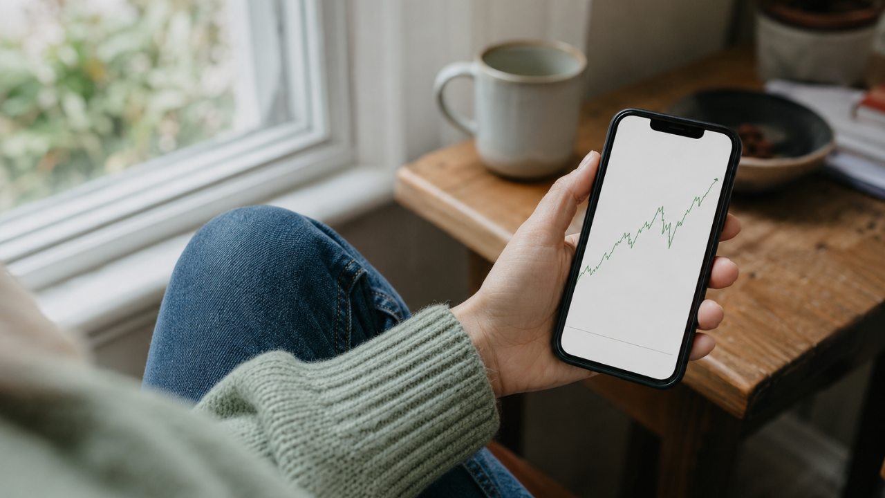Woman viewing a rising stock market investment graph on her phone at home.