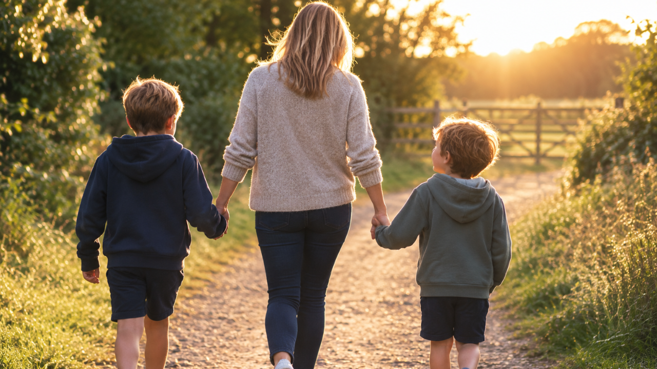 Mother holding hands with her two young sons as they walk along a peaceful countryside path at sunset, symbolising family, simplicity and spending quality time together.