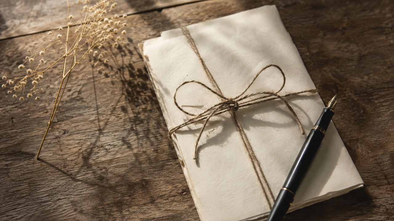 A handwritten letter tied with twine alongside a fountain pen on a wooden table, symbolising love, remembrance and heartfelt correspondence.
