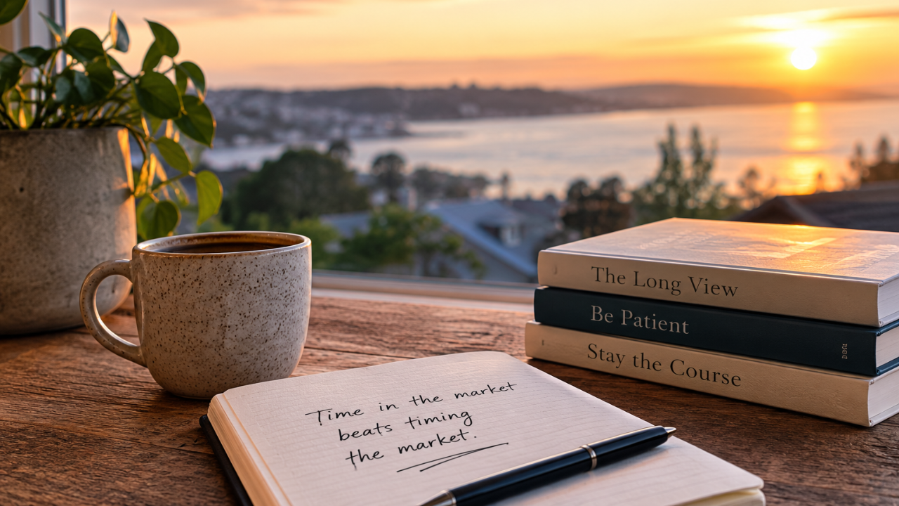 A peaceful workspace with a notebook, coffee and harbour view, representing long term investing, patience and staying invested during market uncertainty.