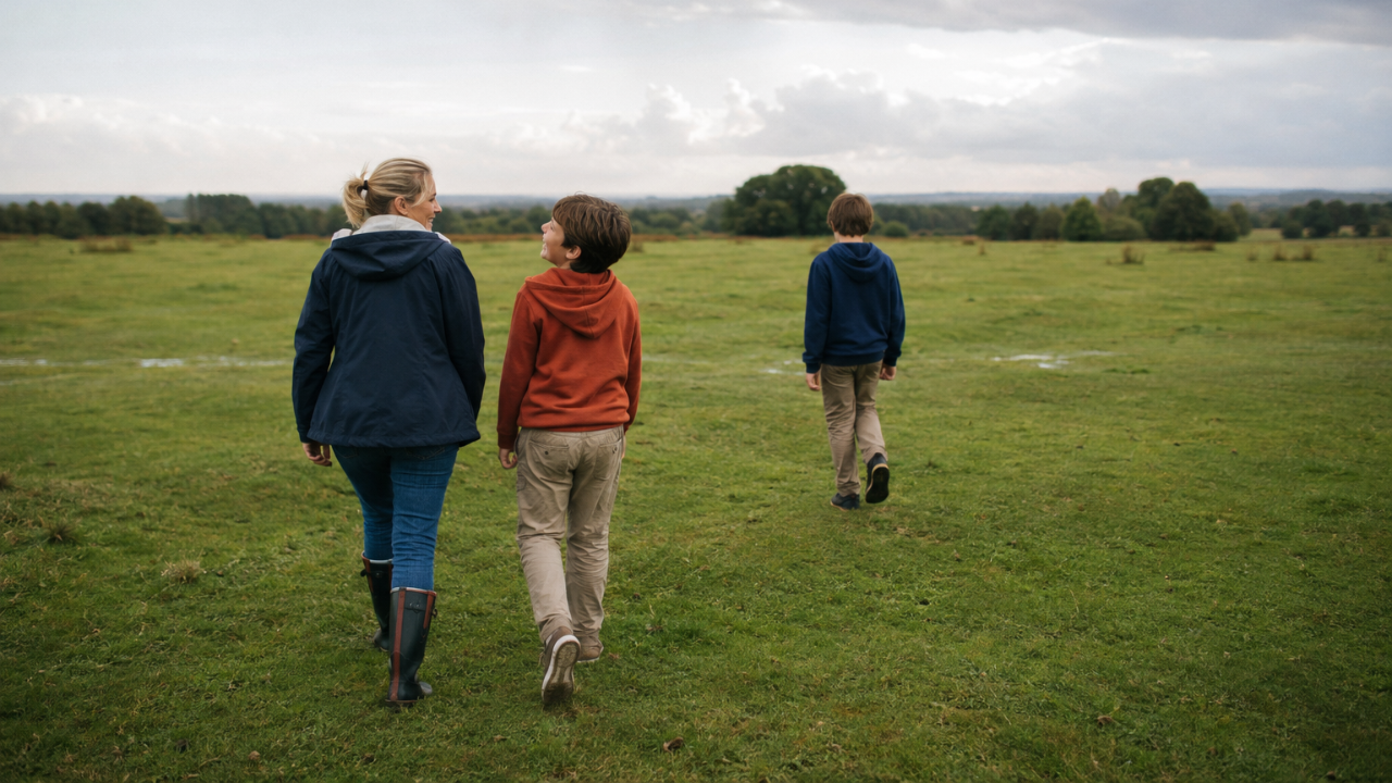 Mother and her two sons walking together across an open countryside field