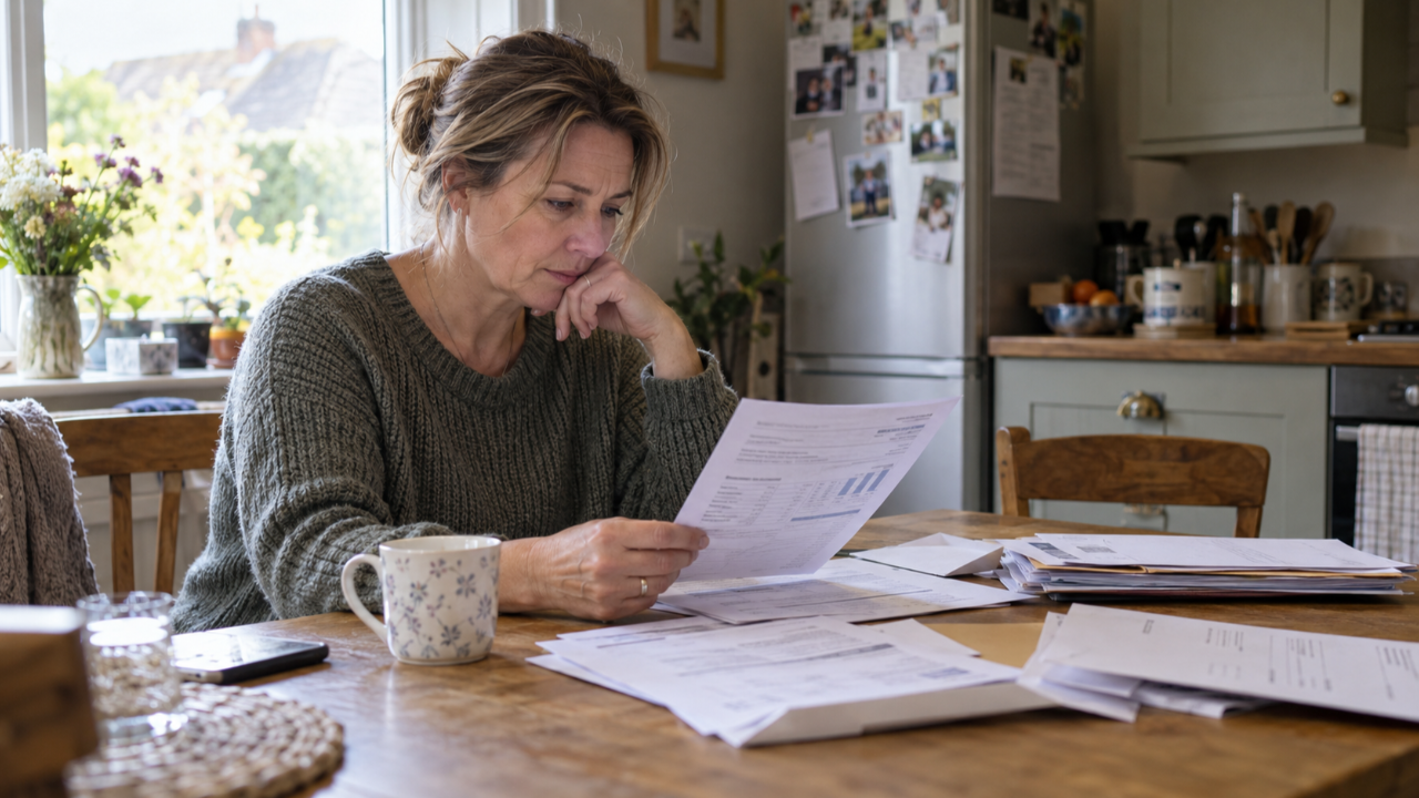 Woman reviewing pension statements at her kitchen table, with paperwork and a cup of tea beside her