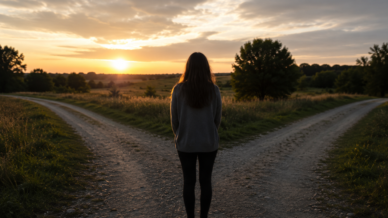 Woman standing at a fork in a country road at sunset, reflecting on change, personal growth and choosing a new direction in life.