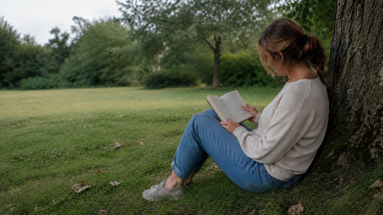 Woman sitting beneath a tree reading a book of poetry.