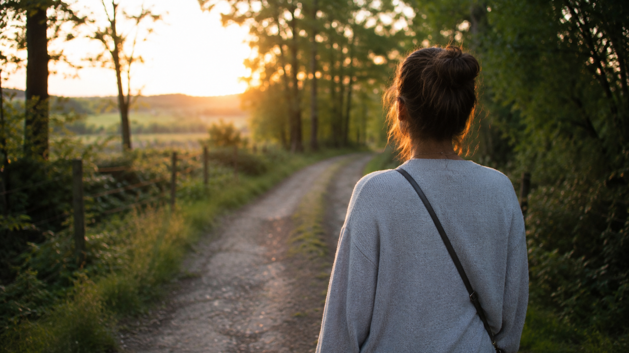 A woman walking alone along a peaceful woodland path at sunset, symbolising hope, healing and moving forward one step at a time.