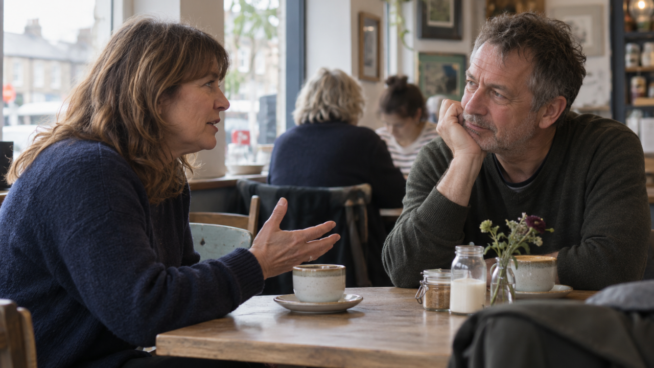 A woman and man having a thoughtful conversation over coffee in a naturally lit café.
