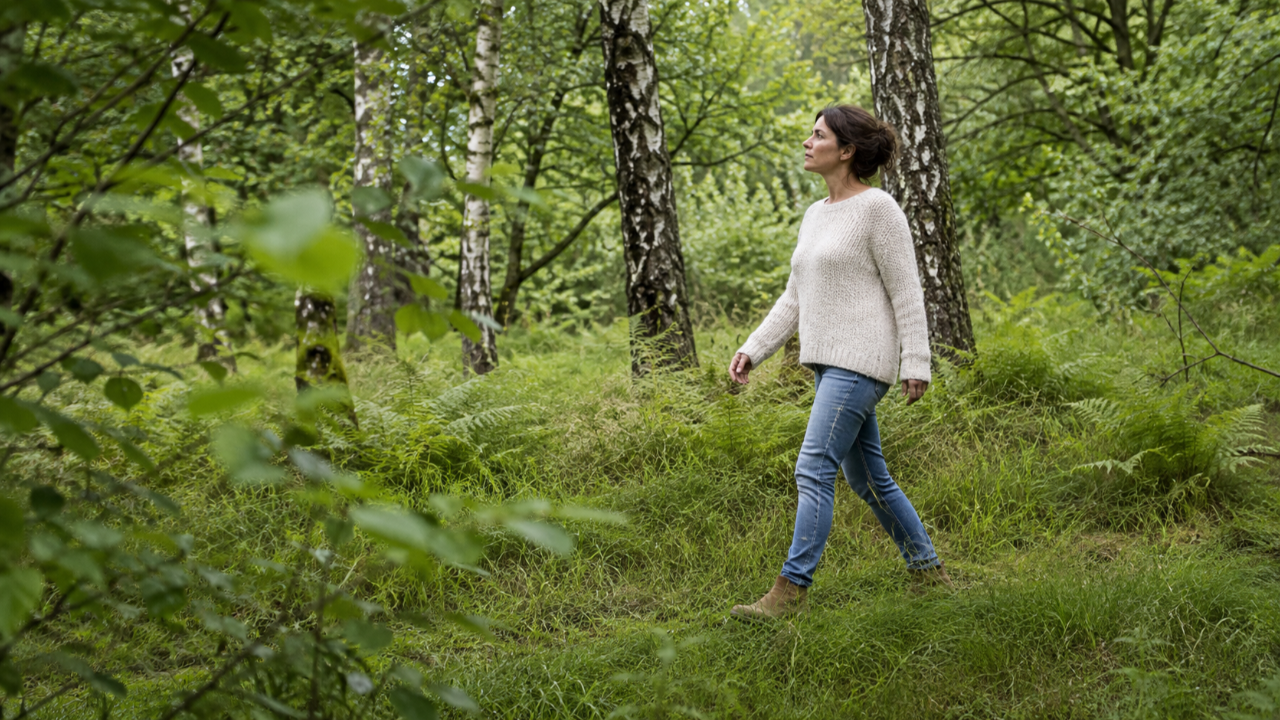 Woman walking thoughtfully through a peaceful green woodland