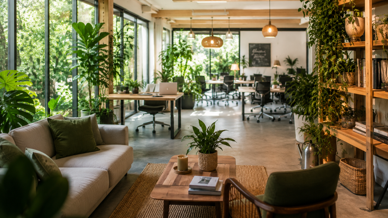 Modern office with floor-to-ceiling windows, lush greenery, natural wood, comfortable seating and a calm workspace designed for focus and collaboration.