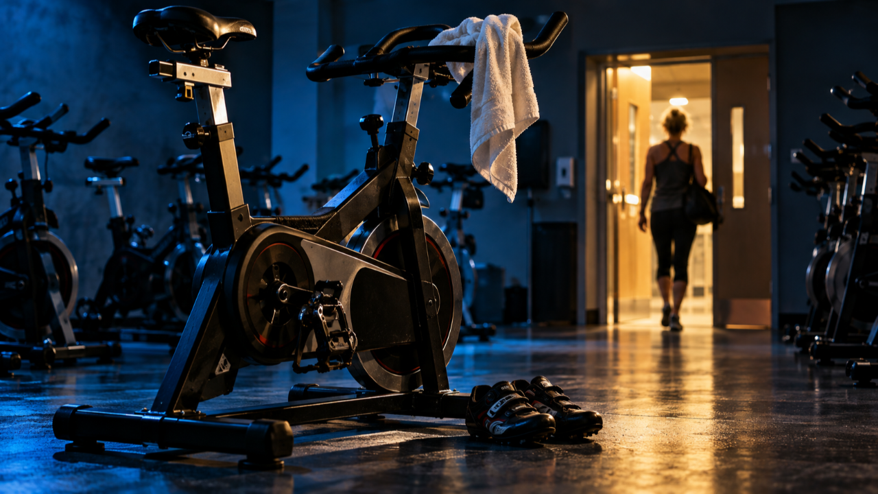 A woman leaves a dimly lit spin studio, with an empty bike, towel and cycling shoes in the foreground