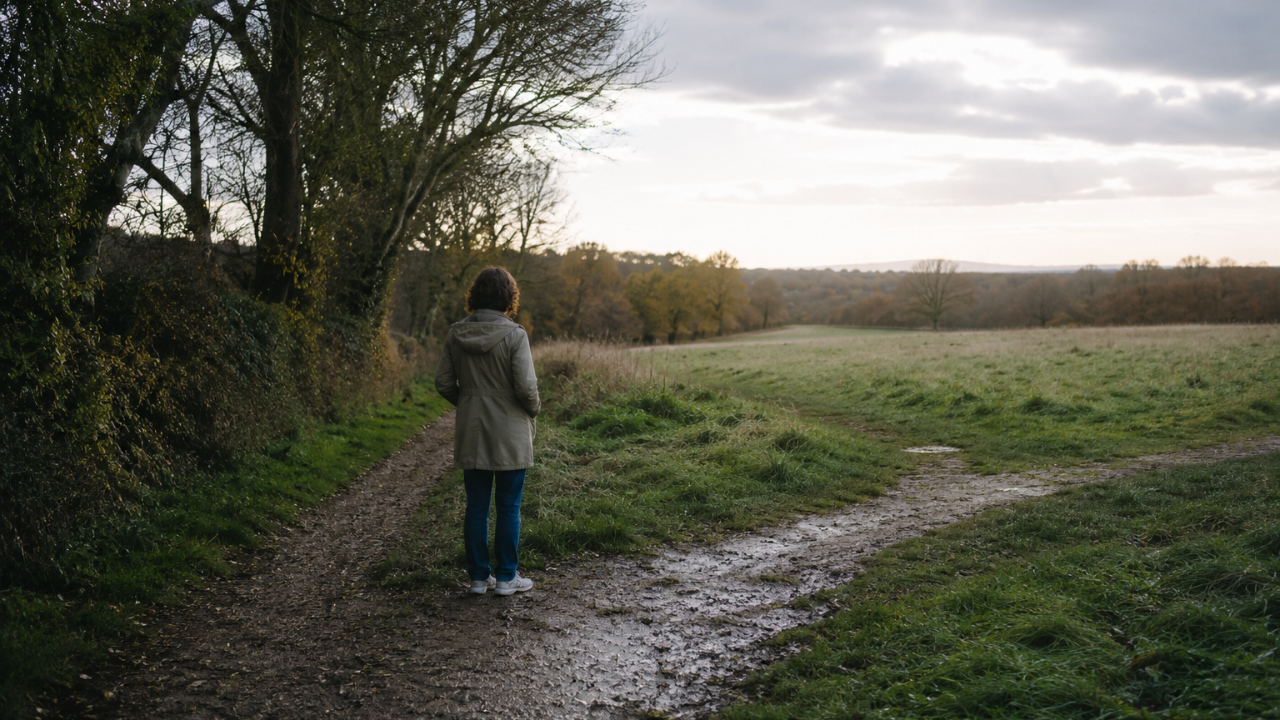 A woman pausing where a countryside path divides, representing courage, uncertainty and trusting your own direction.