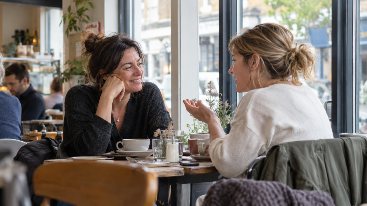 Two women sharing a relaxed conversation over coffee in a bright café.