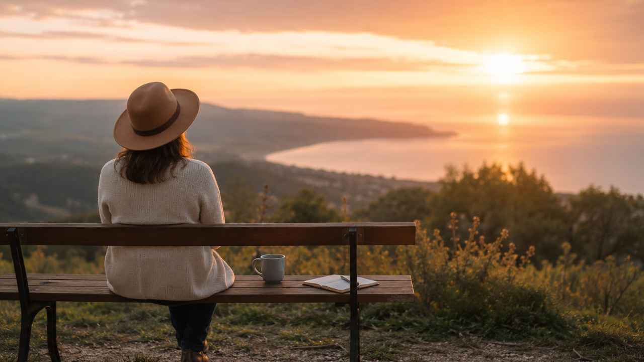 Person enjoying a peaceful sunset, representing financial freedom, retirement planning and having enough to live the life you value.