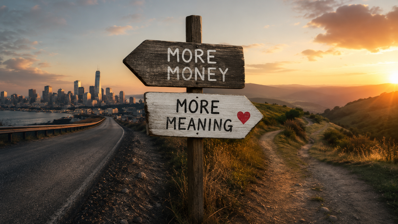 Wooden signpost pointing towards 'More Money' and 'More Meaning' at a fork in the road, symbolising the choice between chasing wealth and living a meaningful, fulfilling life.