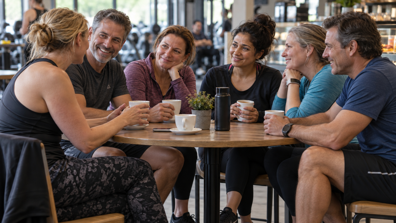 Four women and two men chatting over coffee around a table in a gym café.