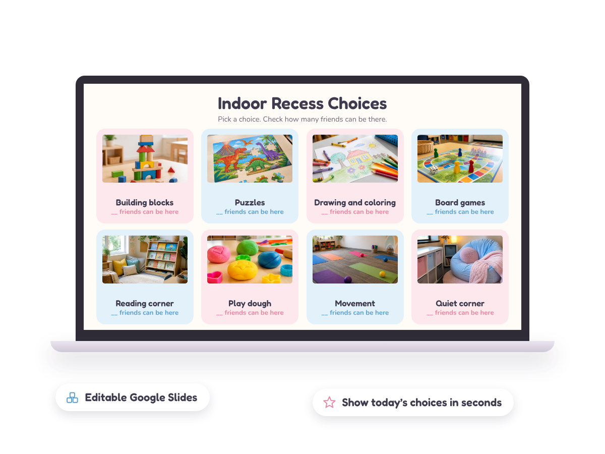 The editable indoor recess choice board in Google Slides
