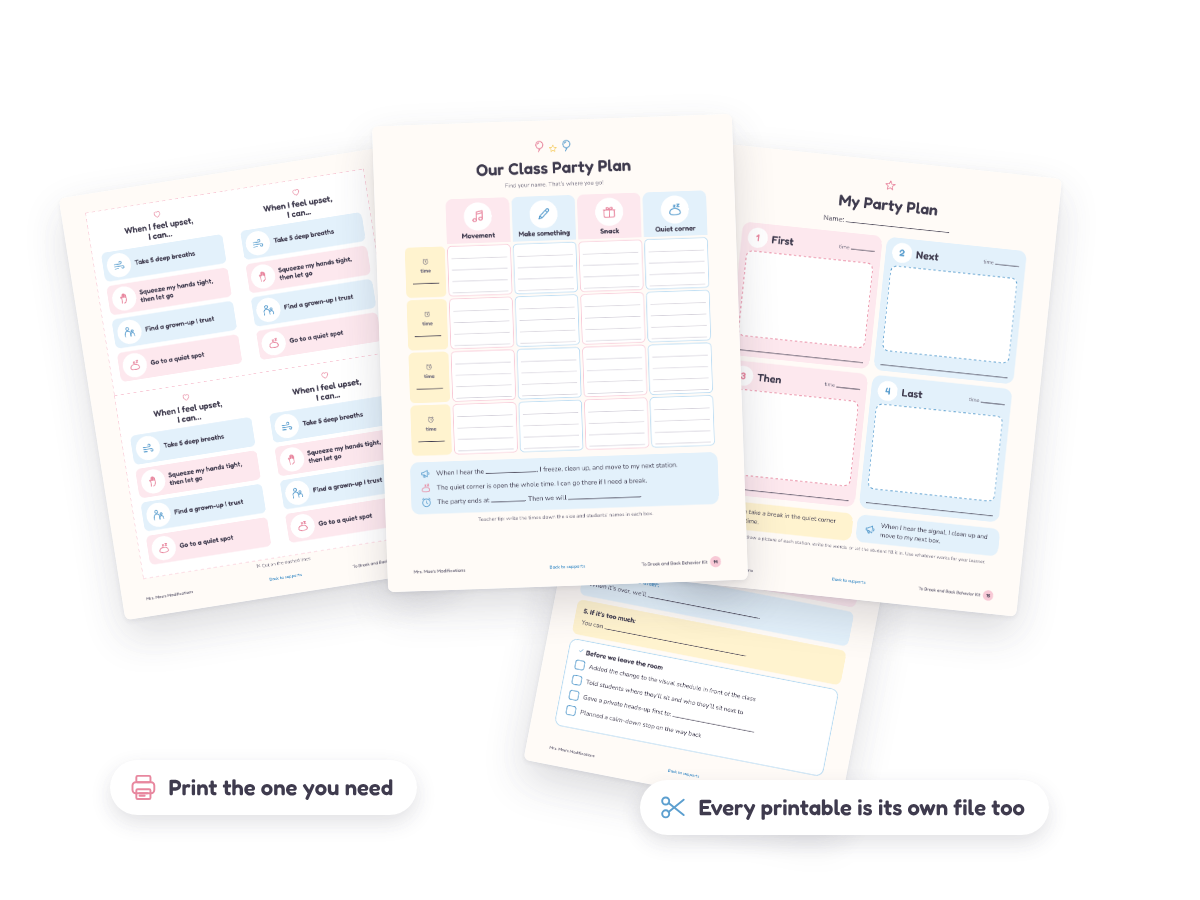 Calm-down cards, Class Party Plan, My Party Plan, and Different Day Heads-Up printables