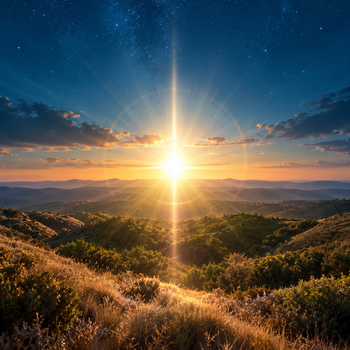 A glowing light above a path toward the horizon