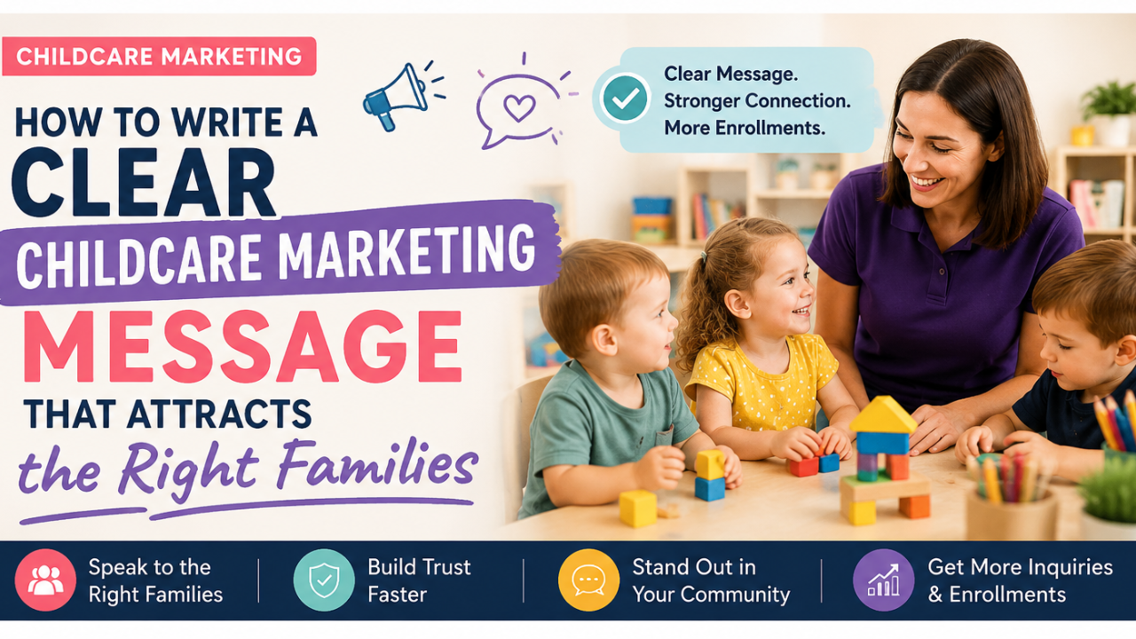 Childcare teacher with children showing clear childcare marketing message