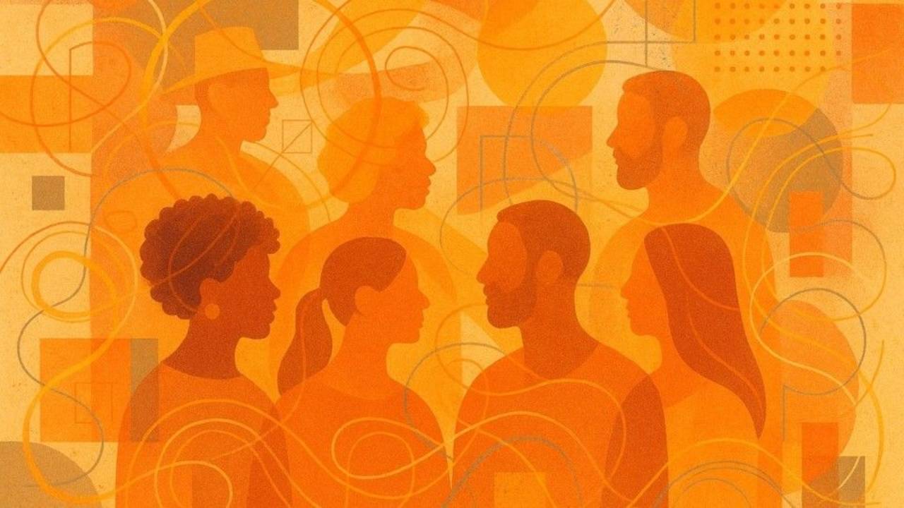Abstract illustration in warm shades of orange and yellow, featuring seven diverse human silhouettes facing one another, surrounded by overlapping circles, flowing lines and geometric shapes that suggest connection and togetherness.