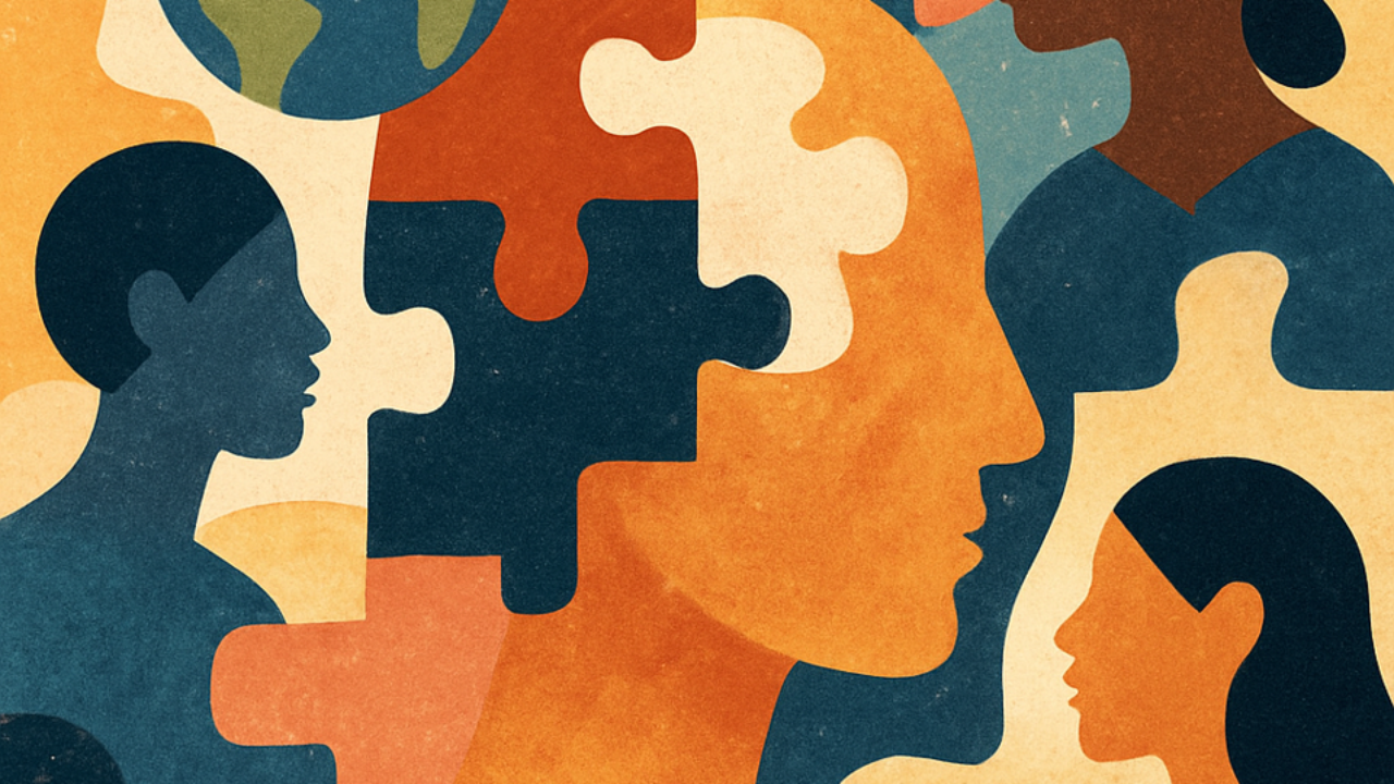 Abstract illustration of overlapping human profiles and interlocking puzzle-piece shapes in shades of orange, dark blue, teal and cream.