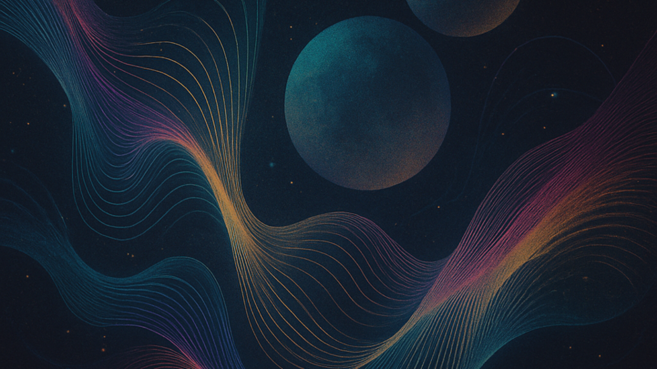 Abstract flowing waves of fine, multicoloured lines in shades of blue, purple, pink and orange against a dark background, with large translucent circular shapes.