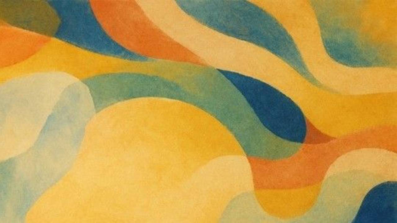 Abstract artwork featuring overlapping, flowing organic shapes in warm yellow, orange, muted teal and deep blue, with soft edges and a textured, watercolour-like appearance.