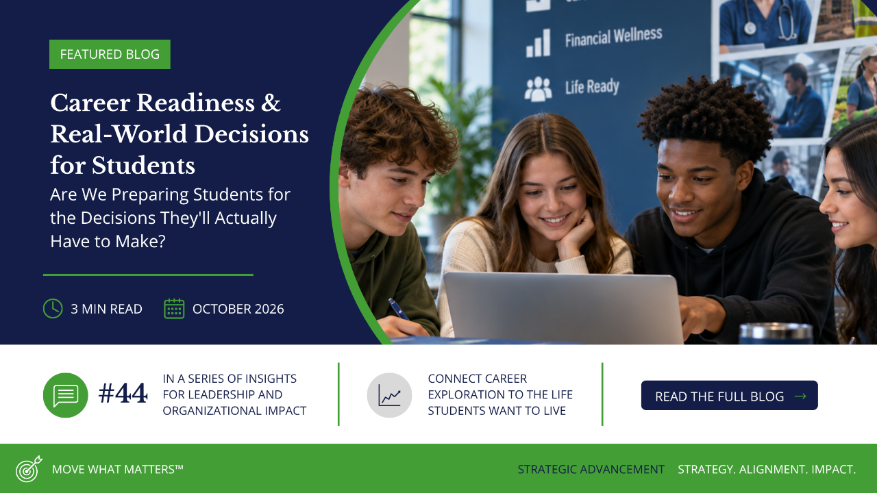 Career readiness blog banner shows four students collaborating at a laptop, with a headline on preparing for real-world decisions; upbeat, professional tone.
