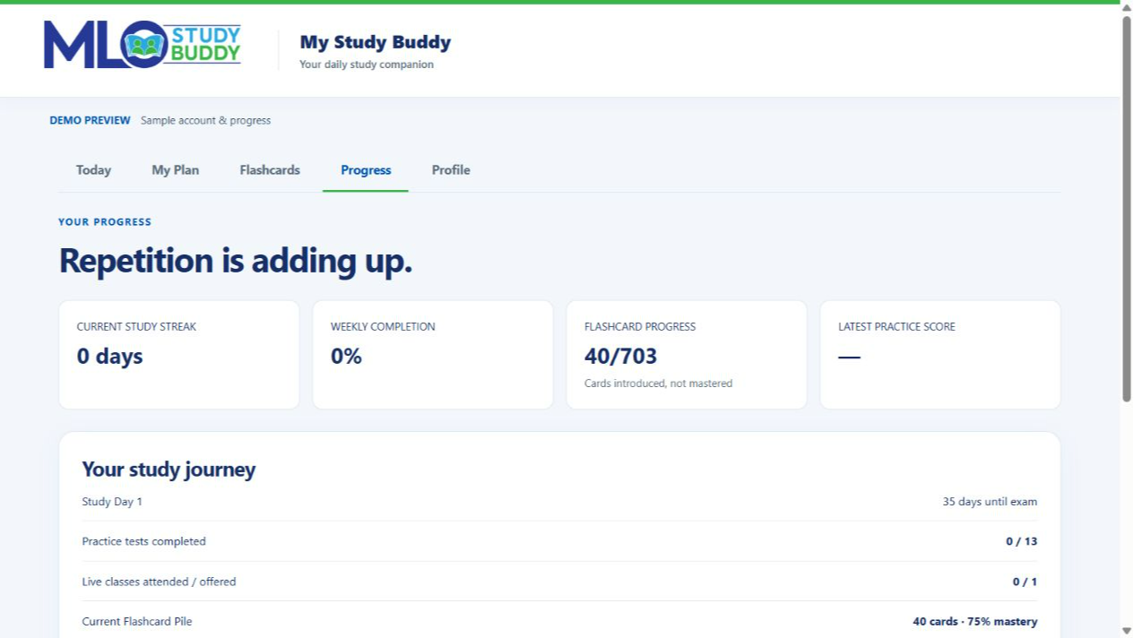 My Study Buddy Progress Dashboard showing study consistency, flashcard progress, and practice results