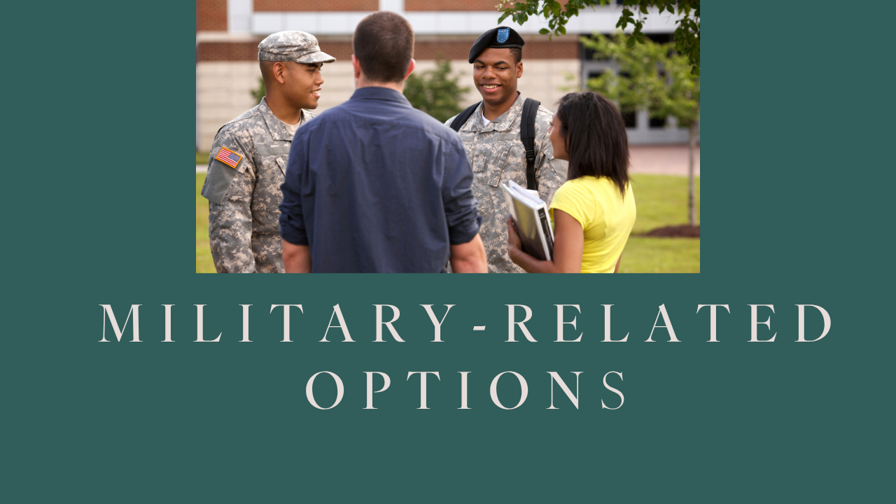 Photo of student chatting with ROTC officers on college tour and text that says "Military-Related Options"