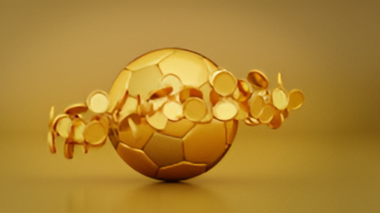 Banner con balón de futbol dorado y monedas que representan inversiones, finanzas y crecimiento económico