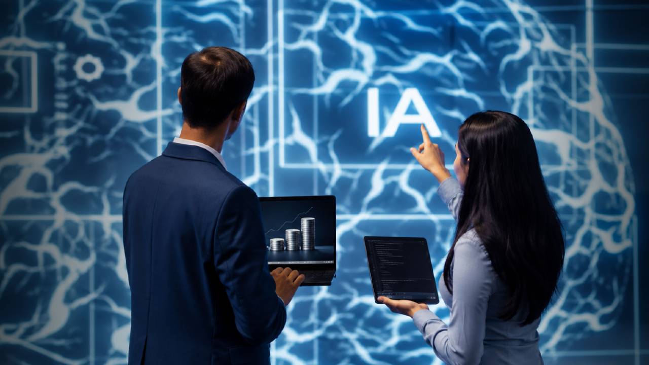 Dos profesionistas sosteniendo tablets y viendo cómo usar la IA para mejorar su planificación financiera