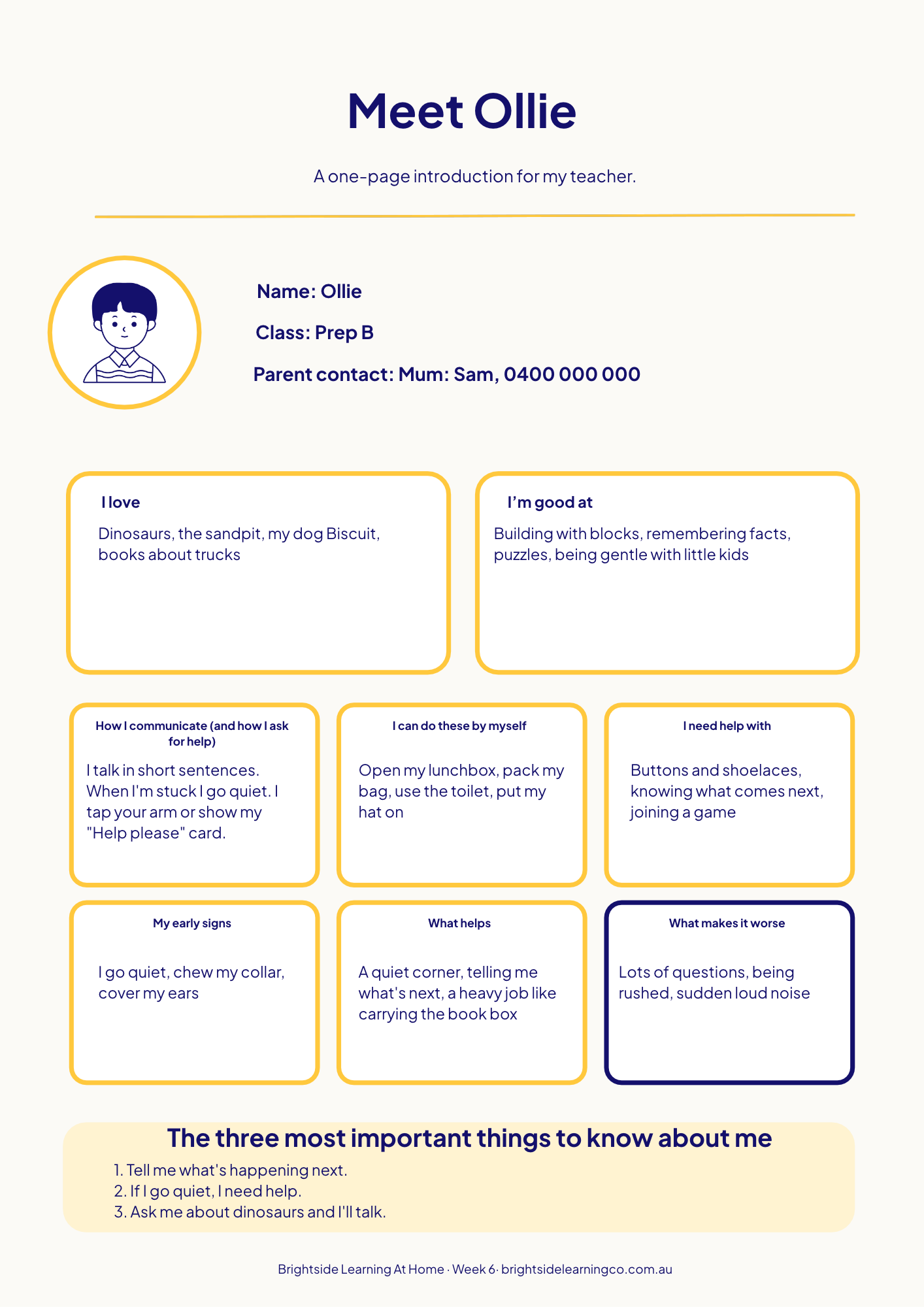 Teacher Handover Page, a one-page introduction to your child, filled in as an example