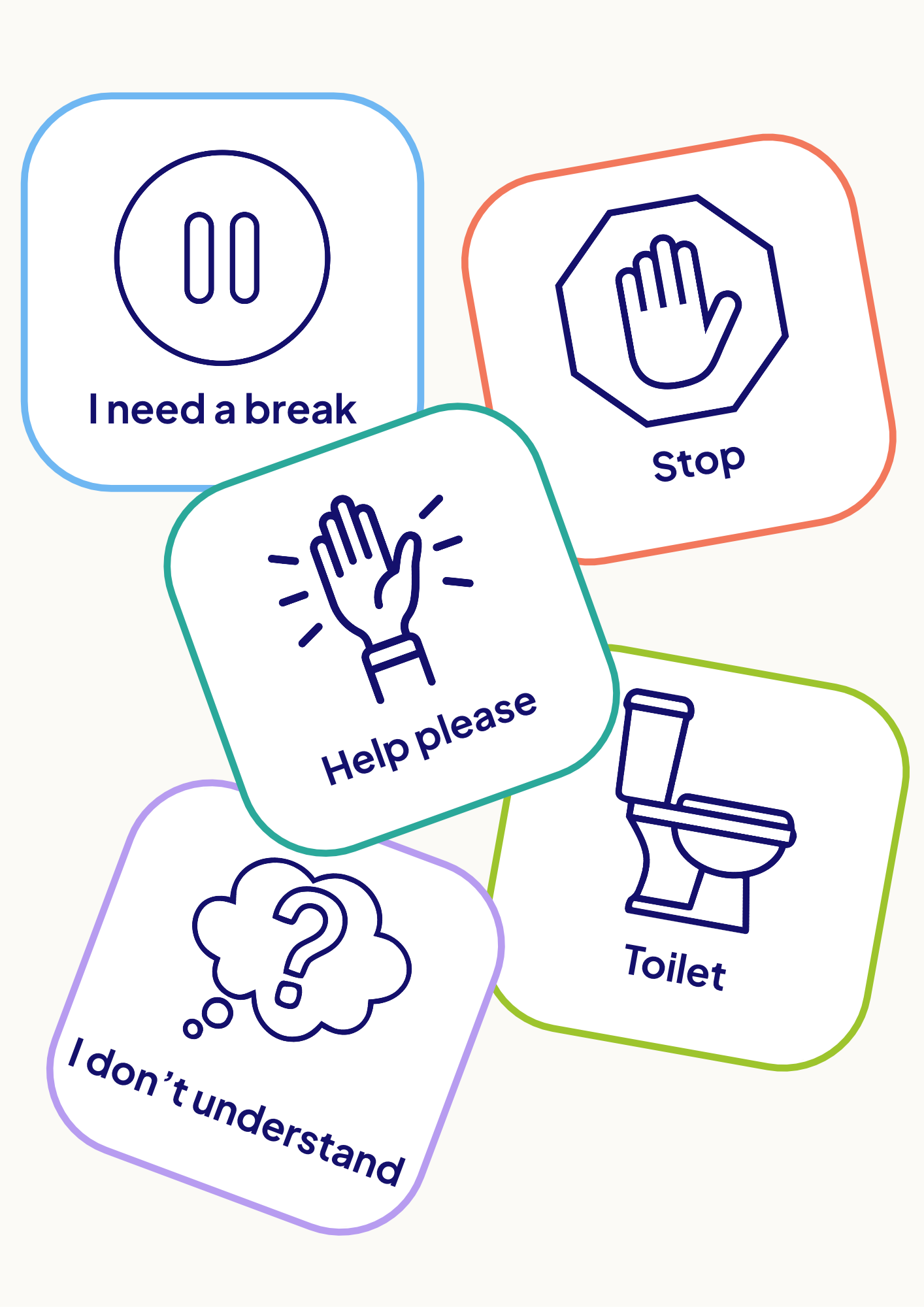 Asking-for-Help Cards: I need a break, Stop, Help please, Toilet, I don't understand