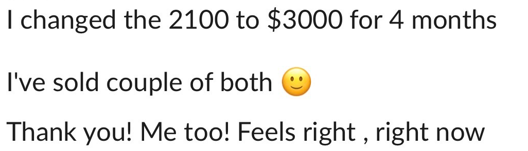Client shares raising her offer to $3,000 for four months and selling multiple spots.