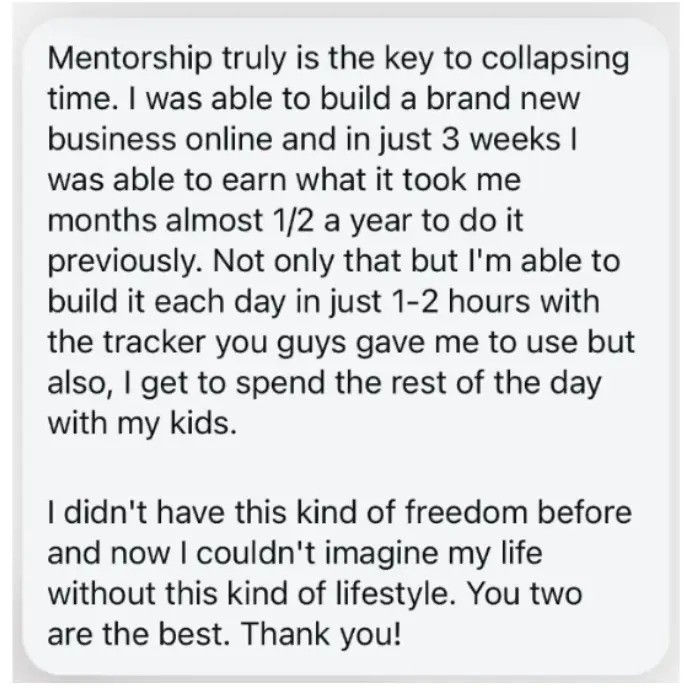 Client message about building a new online business in three weeks and having more time with her children.