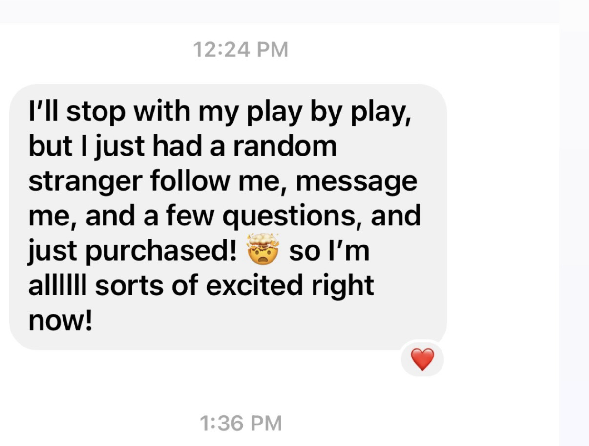 A new follower became a buyer after a DM conversation.