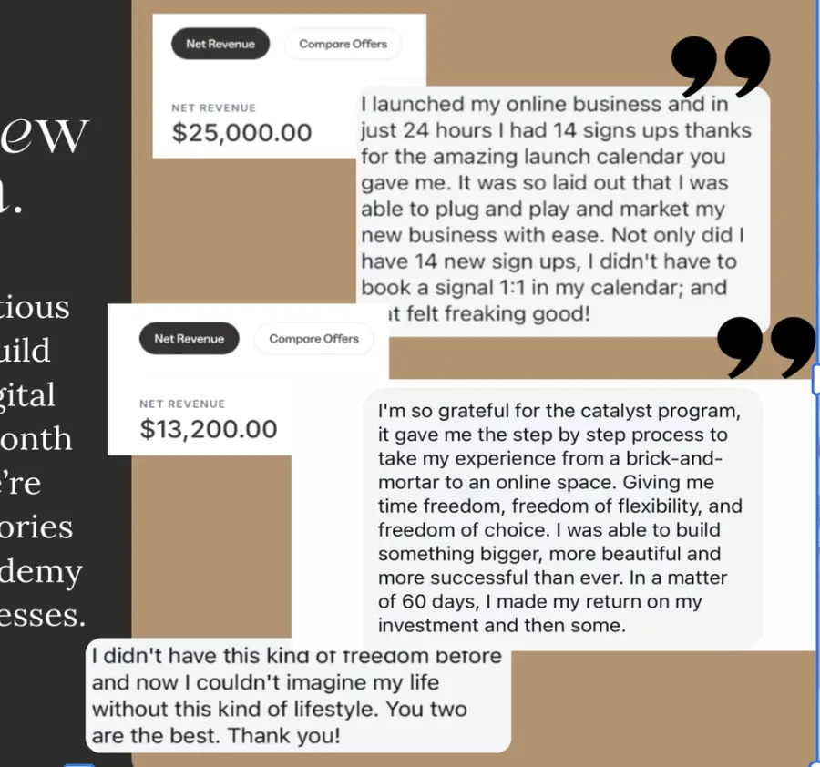Client-reported revenue wins: $25,000 and $13,200, alongside messages about launches and freedom.