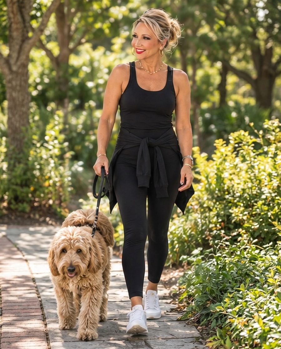 Fay Chapple walking a dog along a garden path