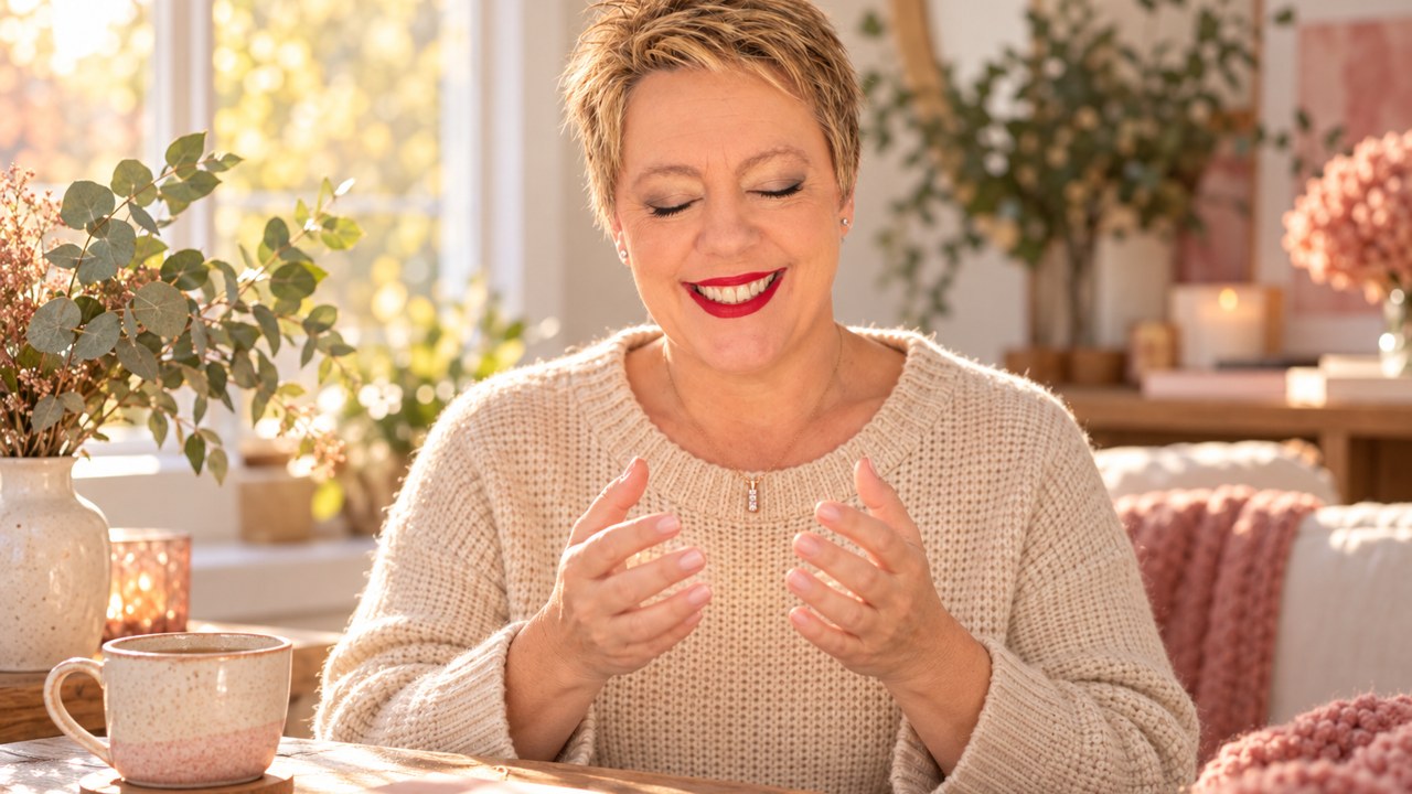 Stacy Maynard, Reiki Master, at her table with her hands held apart